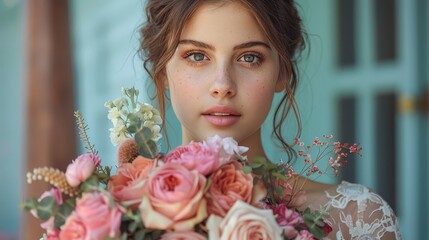   A woman holds a bouquet of pink and white flowers, gazing seriously into the camera - obrazy, fototapety, plakaty