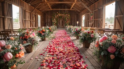   Two rows of wooden benches adjacent to each other, adorned with abundant pink and orange flower arrangements - obrazy, fototapety, plakaty