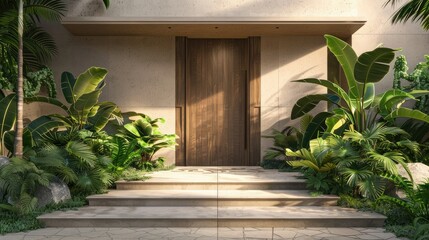 modern house with wooden door and stone steps, tropical plants flanking the entrance, beige walls, concrete floor, front view