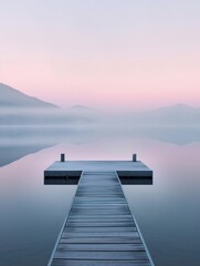 Minimalist, vibrant image of a calm lake at dawn, symbolizing the beauty of silence in nature