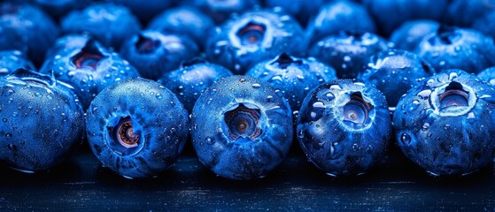   A cluster of blueberries arranged on a table, surrounded by beads of moisture - obrazy, fototapety, plakaty
