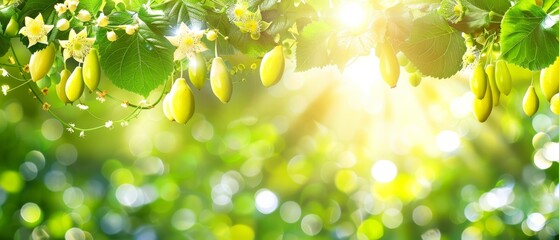   A tight shot of ripe fruits dangling from a tree against a backdrop of sunlight filtering through its leaves on a sunlit day - obrazy, fototapety, plakaty