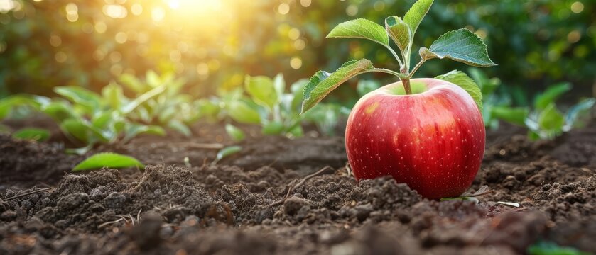   A red apple atop soil, near a green plant with leafy foliage - midground