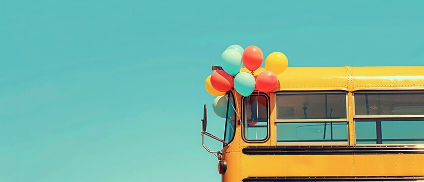 Minimalist, vibrant image of a school bus with balloons tied to the mirror, celebrating the drivers special day