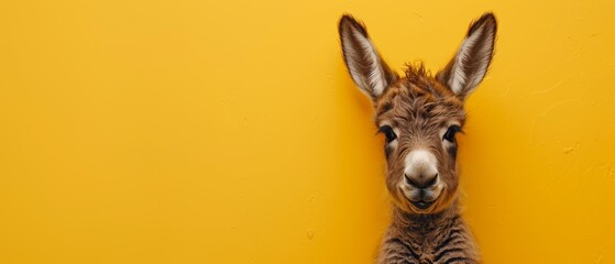   A giraffe's face, in tight focus, against a yellow backdrop featuring a single black and white stripe