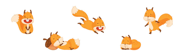 Cute Squirrel Character with Bushy Tail Engaged in Different Activity Vector Set