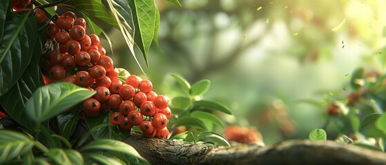   A tight shot of berry-laden branch with leaves and sunlight filtering through foliage behind - obrazy, fototapety, plakaty