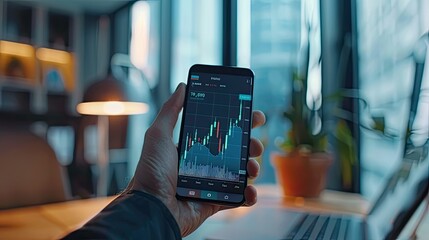 Hand holding smartphone with financial stock market app on screen displaying charts and graphs on office desk, close-up of smartphone showing trading app interface.