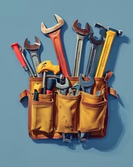 A simple, vibrant image of a plumbers tool belt filled with wrenches and pipes, set against a clean background