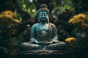 Tranquil Buddha statue nature. Temple god. Generate AI