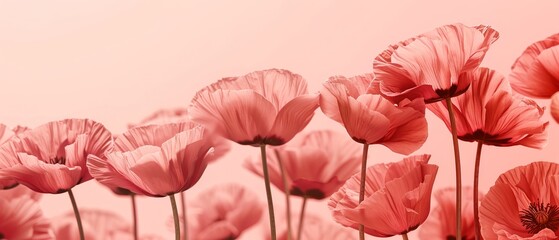   A field of pink flowers, surrounded by a light pink backdrop wall