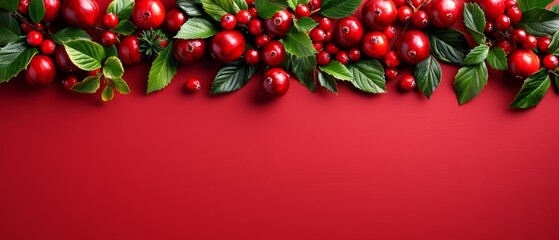   Red backdrop featuring a cluster of vibrant red berries and lush green leaves Text space lies to the image's left side