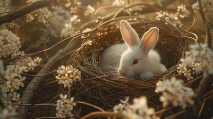A white rabbit sits in a nest surrounded by small flowers and branches, creating a charming scene. The lighting creates a warm atmosphere, highlighting the rabbit's fluffy texture.
