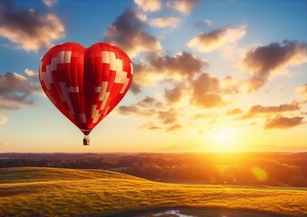 Fototapeta premium Hot air balloon ride over the countryside at sunset in summer, photography, travel, landscape, sunrise, hot air balloon