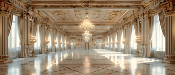 Grandiose Baroque Hall with Glistening Chandeliers and Majestic Elegance. Concept Baroque Decor, Chandeliers, Majestic Elegance, Ornate Details - obrazy, fototapety, plakaty