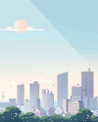 A sleek, simple illustration of an energyefficient cityscape, set against a clean backdrop, promoting urban sustainability
