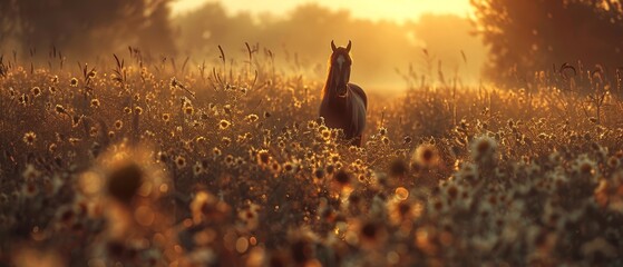   A horse stands amidst a field of wildflowers at sunset, with the sun setting behind it - obrazy, fototapety, plakaty