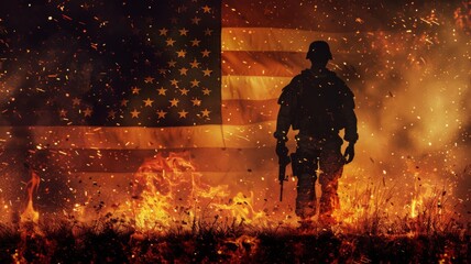 Silhouette of armed soldier before burning flag - A dramatic image of a soldier's silhouette in front of a flaming American flag expressing resilience and courage - obrazy, fototapety, plakaty