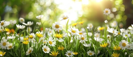   A field of white and yellow daisies under sunlight filtering through the trees