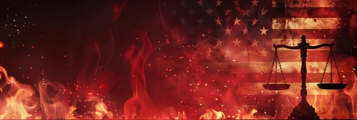 Scales of justice overlaid on fiery American flag - This image melds the scales of justice with a blazing American flag, symbolizing a nation's law and order