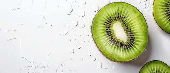   Two kiwis, each cut in half, placed on separate tables - obrazy, fototapety, plakaty