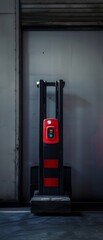 A sleek, simple image of an emergency stop button on a forklift, set against a clean background, representing immediate hazard response - obrazy, fototapety, plakaty