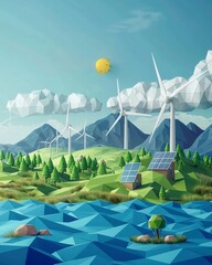 Bright, minimalist portrayal of renewable energy sources, illustrating the reduction of ozonedepleting substances through clean energy
