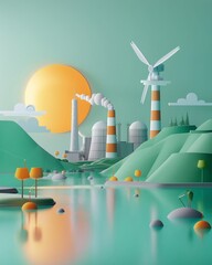 Bright, minimalist portrayal of renewable energy sources, illustrating the reduction of ozonedepleting substances through clean energy