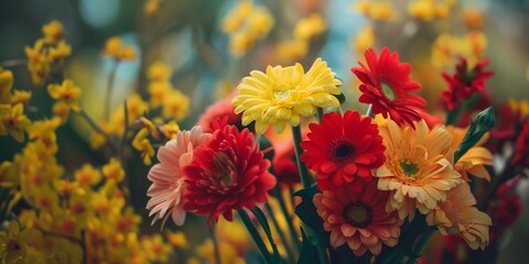 This close-up showcases vibrant red and yellow flowers, highlighting their detailed textures and evoking a sense of vitality and passion