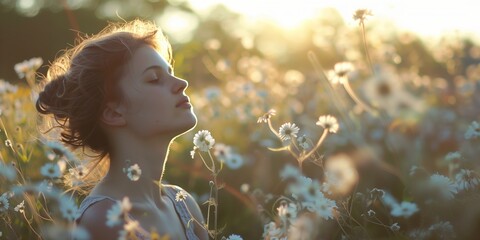 With her back to the viewer, a woman stands amidst white daisies in a field, the sun setting behind her, evoking peace and serenity with copy space