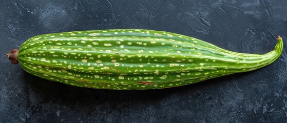   A tight shot of a cucumber against a black backdrop, adorned with water droplets