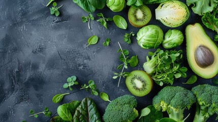 Pieces of vegetables including broccoli, avocado, kiwi, green onions, Brussels sprouts, cabbage and green beans on a dark gray background in a flat position. - obrazy, fototapety, plakaty