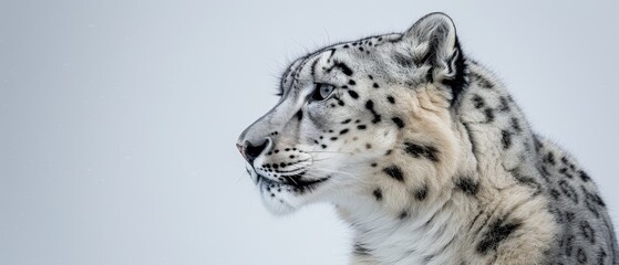   A tight shot of a snow leopard's face against a backdrop of pristine snow and a blanketed white sky