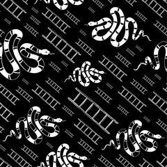 White-outlined hand-drawn snakes seamless pattern with diagonally arranged ladders on a black backdrop. Monochromatic elegant vector pattern designed for printing on different materials.