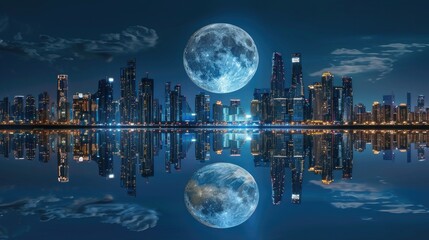 Full moon, night view of the city, high-rise buildings and water surface in the foreground, symmetrical composition, bright reflection on the surface of the lake.