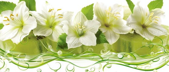   A collection of white blooms situated together on a green-and-white floral setup, featuring leaves and intricate swirls - obrazy, fototapety, plakaty