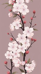 Delicate cherry blossoms bloom vertically on a muted background.

