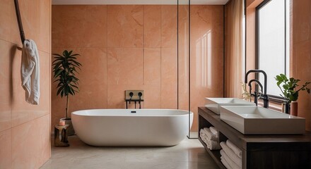 Fototapeta na wymiar Peach Fuzz Orange color bathroom interior 2024 - 3D rendering