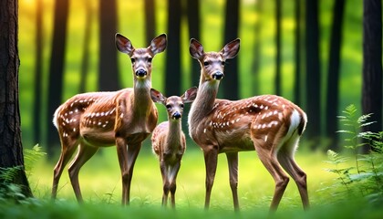 Deer and Fawn With a Blurry Forest Background.