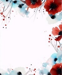 Delicate red and blue watercolor floral frame with a white background,watercolor,botanical,elegant,feminine