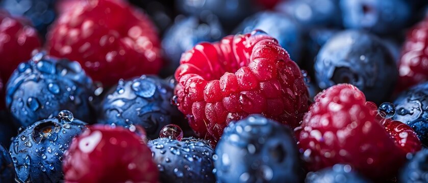   Blueberries and raspberries with water droplets in close-up image