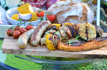 beautiful background of close-up of grilled food on a wooden board