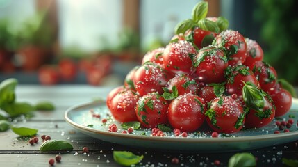  red orbs surrounded by sprinkles, with vibrant leaves at plate's edge - obrazy, fototapety, plakaty