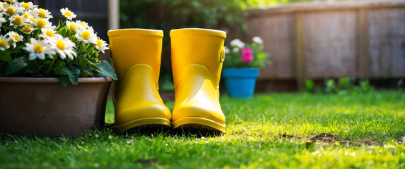 Yellow boots in the garden next to the flower beds. - obrazy, fototapety, plakaty