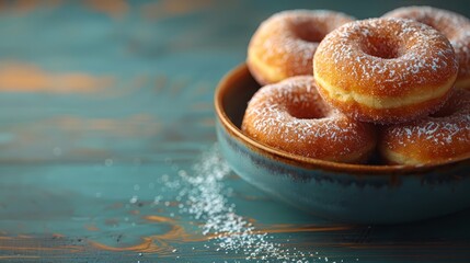   A blue and orange tablecloth holds a bowl brimming with sugar-coated doughnuts, topped with colorful sprinkles