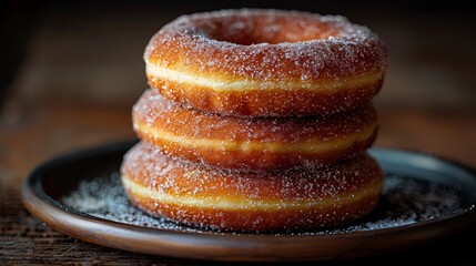   Three donuts aligned vertically on a plate, dusted with powdered sugar - obrazy, fototapety, plakaty