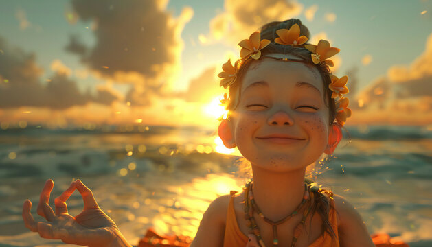 Vertical recreation of a happy girl doing yoga on the beach at sunset