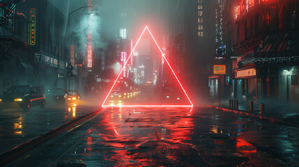 Hyperrealistic cityscape with striking neon triangle. Illuminating the darkness, it adds a modern, edgy touch to the urban landscape.