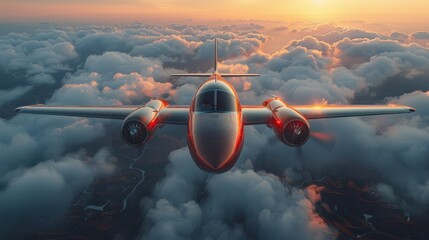   A large jetliner traverses a cloudy sky, sun glimpsed behind intervening clouds on a sunlit day - obrazy, fototapety, plakaty
