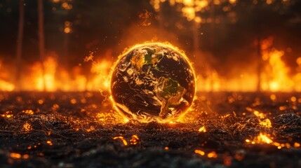   A photo of Earth ablaze in the center of a field, encircled by a forest with flaming trees behind - obrazy, fototapety, plakaty